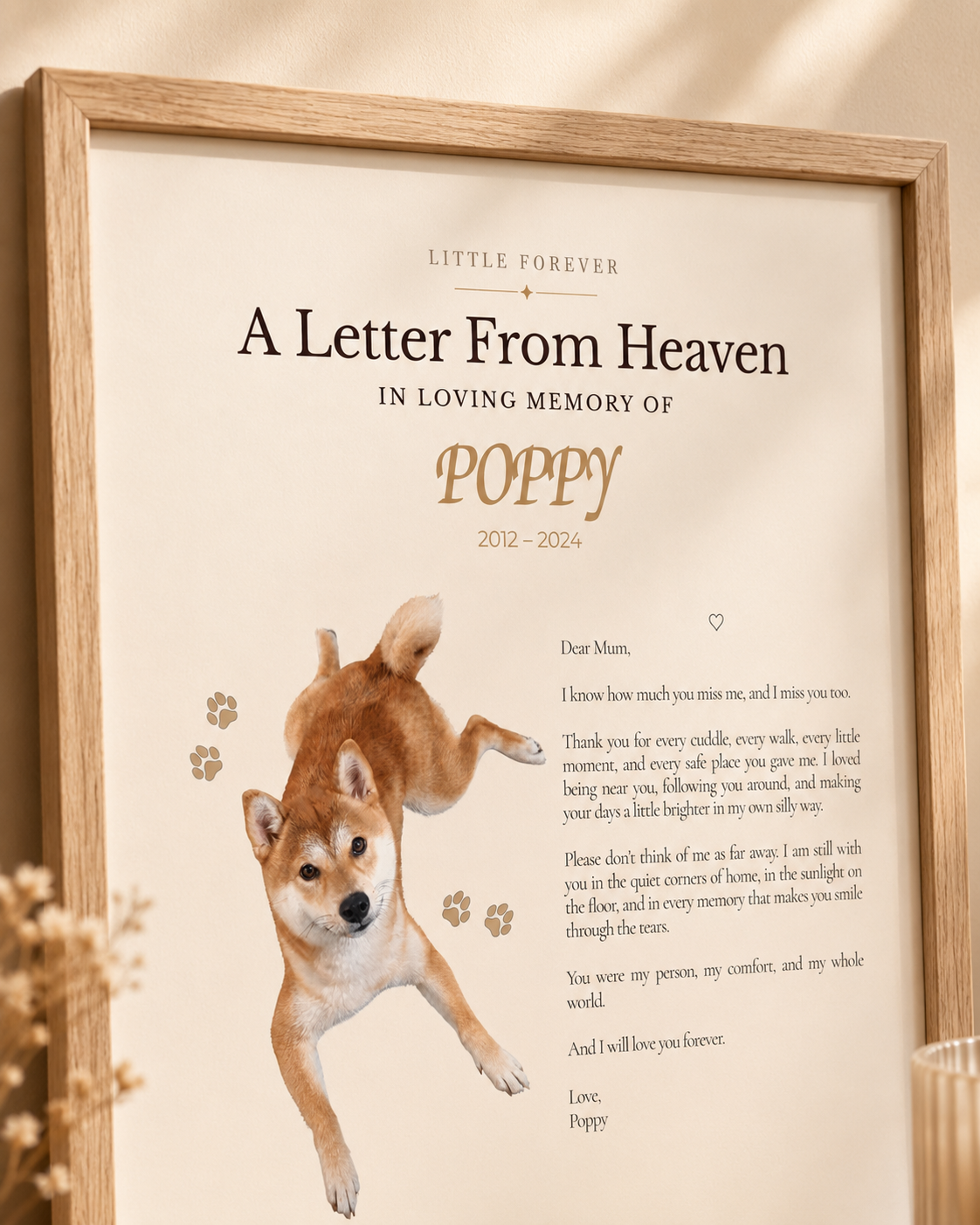 Close-up of A Letter From Heaven personalized pet memorial print with pet name and letter
