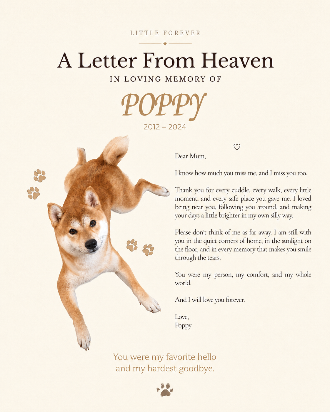 Flat preview of A Letter From Heaven personalized pet memorial letter print