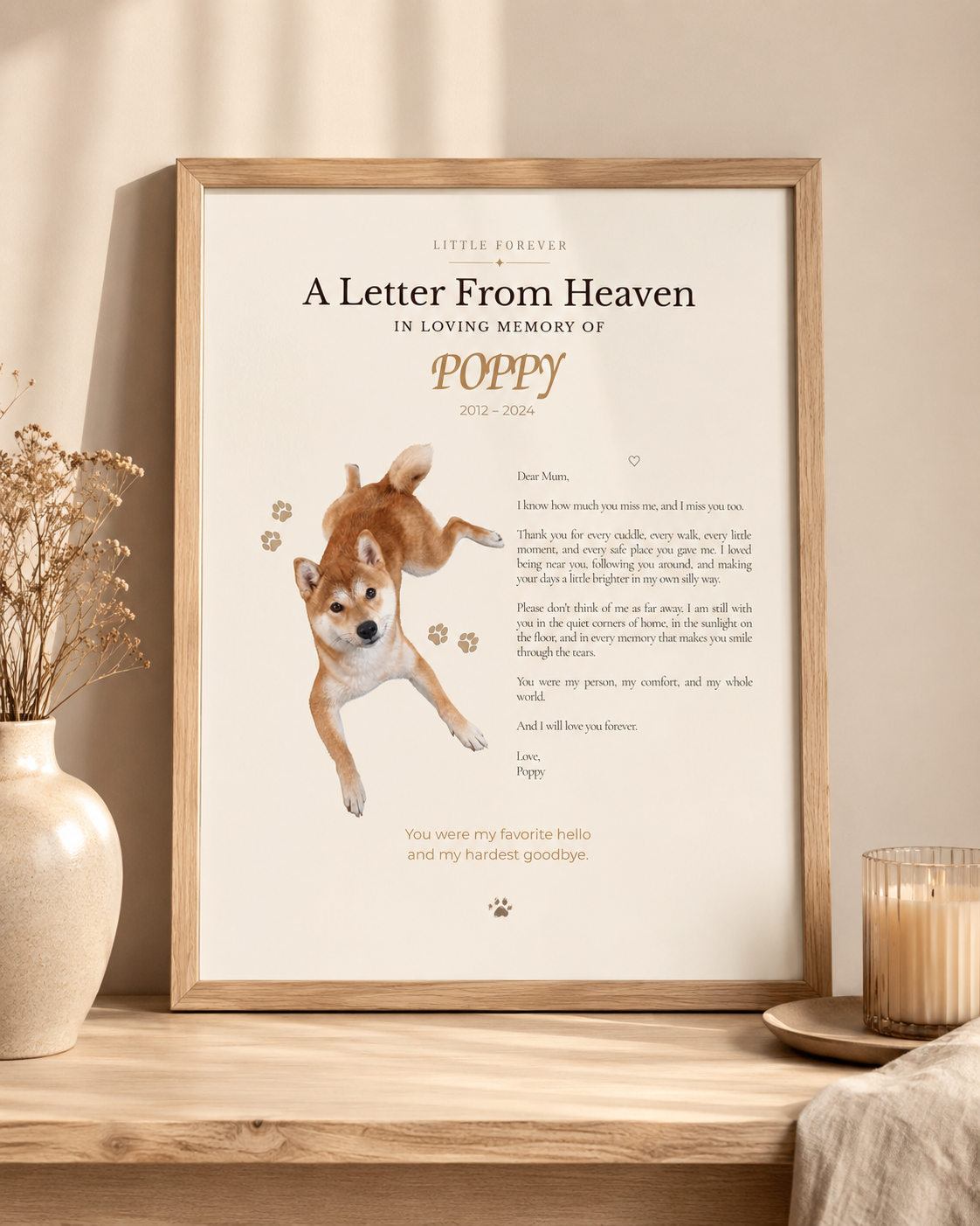 Personalized pet memorial print in a light wood frame by Little Forever