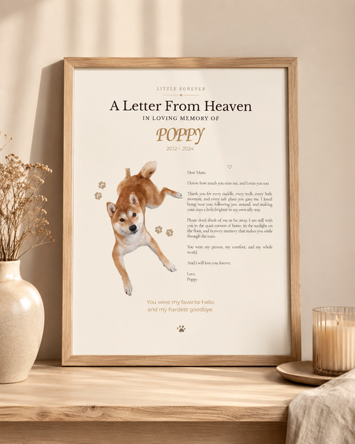 Personalized pet memorial print in a light wood frame by Little Forever